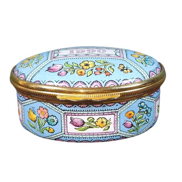 Halcyon Days Enamels 1990 A Year to Remember Enamel Trinket Box Blue Floral - Picture 3 of 9